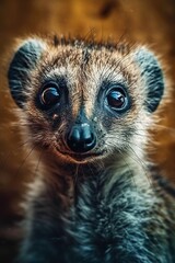  a close up of a small animal with a blurry look on it's face and a blurry background behind the animal's head.  generative ai
