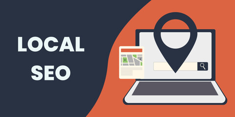 An Illustrative Local SEO banner showcasing a laptop with a search string on screen, accompanied by a location icon and a map illustration