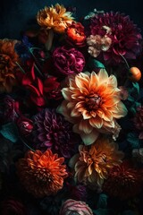  a bunch of flowers that are in the dark room with the light on them and one flower in the middle of the picture, and the other flower in the middle of the picture.  generative ai
