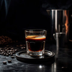 Coffee Cup made of Glass, some Beans on the Background Slightly Blurred, Commercial Photography Generated with AI