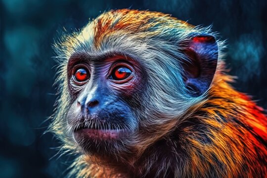  a monkey with red eyes looking at the camera with a blurry back ground behind it and a blurry back ground behind it and a blurry background.  generative ai