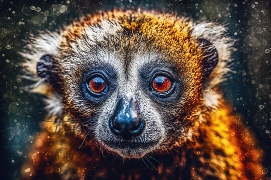 a close up of a monkey's face with red eyes and a blurry background of snow flakes on the ground and trees.  generative ai