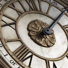 A close-up of a vintage wall clock with Roman numerals, ticking away the seconds