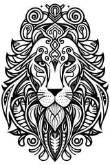 digital illustration, abstract LION pattern, black and white folklore motif, isolated on white background, vector texture, bear design in the middle, modern fashion print 