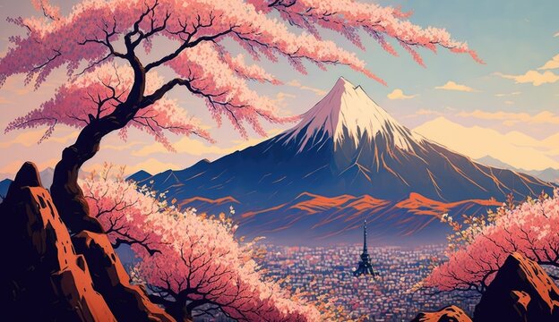 Beautiful pink sakura cherry blossom with mountain, spring landscape, cartoon manga anime art style, AI generated