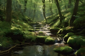 Babbling Spring Brook: A soothing image of a babbling spring brook (Generative AI) - obrazy, fototapety, plakaty