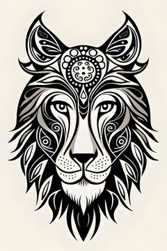 digital illustration, abstract LION pattern, black and white folklore motif, isolated on white background, vector texture, bear design in the middle, modern fashion print 