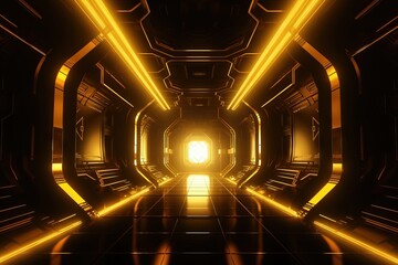  a tunnel with bright lights and a bright light at the end of it is a yellow light that is shining in the center of the tunnel.  generative ai