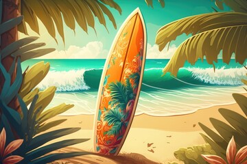 Fototapeta na wymiar Surfboard on tropical beach, colorful, summer, illustration design, AI generated
