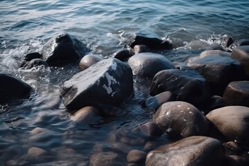  a group of rocks sitting in the water near the shore of a lake or river with waves coming in and out of the rocks and water splashing on the rocks.  generative ai