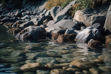  a rocky shore line with a body of water surrounded by large rocks and grass on either side of the shore and grass on the other side of the shore.  generative ai