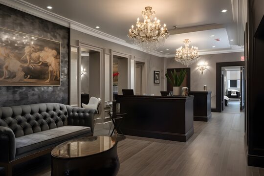 A sophisticated image of an elegant hair salon reception area, featuring a stylish, marble-topped reception desk and a plush, velvet seating area for waiting clients (Generative AI)