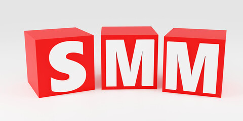 Bright red sign smm on red cubes Minimal Concept 3D render Illustration