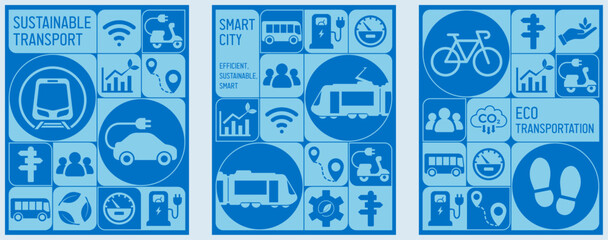 New Mobility, New Possibilities: Embrace Sustainable Transportation and Help Build a Greener Future. Vector poster, background, Banner, template, icons with Rail, Tram, electric car and Bike Options.