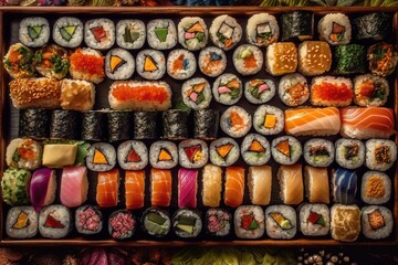 Fototapeta na wymiar a wooden box filled with lots of different types of sushi on top of a bed of vegetables and rice next to a pine cone. generative ai