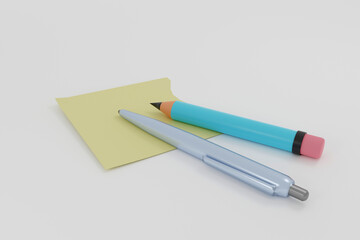 3D Illustration of Assorted School Supplies blue pencil and pen on light background