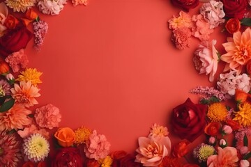  a red background with a bunch of flowers on it and a place for a text on the bottom of the image is a pink background.  generative ai