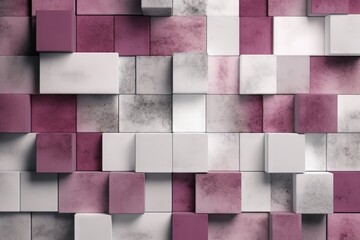  a very large and colorful wall made up of squares and rectangles of varying sizes and colors of purple and white, with a red center in the middle.  generative ai