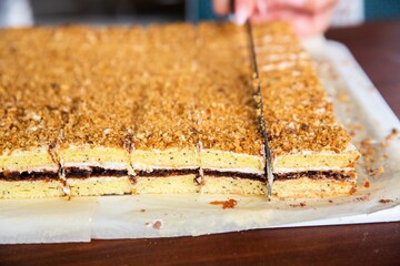 Closeup view of a woman making a cake