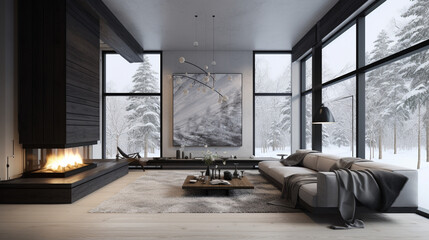 modern fireplace room in winter