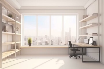 Fototapeta na wymiar Light office room interior with seats, table and shelf near panoramic window. Generative AI