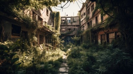 Fototapeta na wymiar Abandoned town slowly being reclaimed by nature - Generative AI