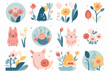 Spring Icons Pack. Pattern with flowers and animals