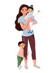 Happy mom with small children. A young mother holds a baby in her arms. Family. Vector illustration in cartoon style on a white background