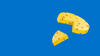 Low poly and cartoon 3D yellow swiss cheese with holes floating