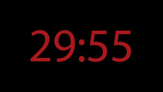 Digital clock 30 minutes countdown timer animation on black background. 4k footage.