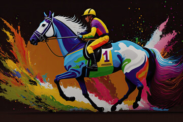 Fototapeta na wymiar a painting of a jockey riding a horse, colorful dark, generative ai