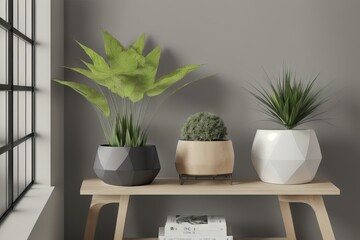 a shelf with a potted plant on top of it, light room interior, generative ai
