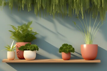 a shelf with a potted plant on top of it, light room interior, generative ai