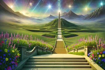 Fotobehang Stairway Leading Up To Heavenly Sky Toward The Light, generative ai © Aleksandr