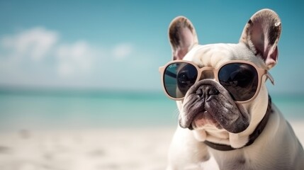 Naklejka na ściany i meble French bulldog wearing sunglasses on paradise beach with white sand. AI generative