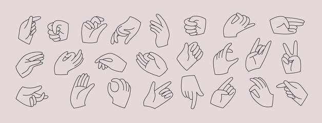 Set of hands holding various stuff. Different operations and gestures. Hand drawn vector