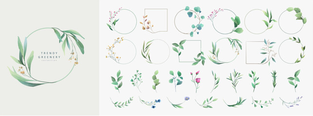 Set of floral watercolor logo elements. Wreath borders dividers, frame corners and minimalist flowers branch. Hand drawn line wedding herb, elegant leaves for invitation save the date card. Botanical - obrazy, fototapety, plakaty