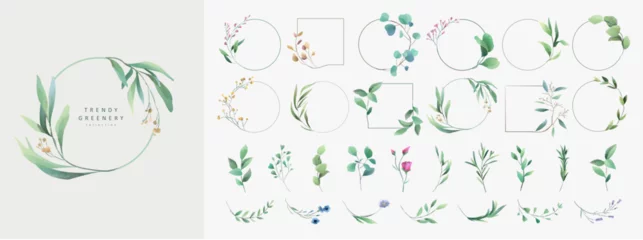 Foto op Plexiglas Retro compositie Set of floral watercolor logo elements. Wreath borders dividers, frame corners and minimalist flowers branch. Hand drawn line wedding herb, elegant leaves for invitation save the date card. Botanical