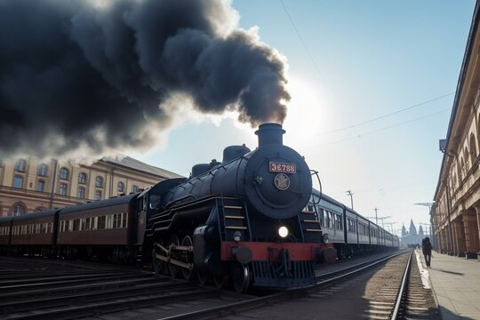 Steam train departs from Riga railway station. Moscow. Russia. Generative AI