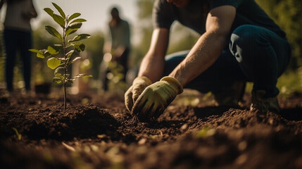 men are planting trees and watering them to help increase oxygen in the air and reduce global warming, Save world save life and Plant a tree