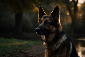 A striking environmental portrait features a German Shepherd, beautifully framed with a lush park setting in the background