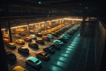 A car assembly factory in a wide hall . car industry. Ai generative