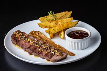 Close-up of a plate of food, containing a piece of grilled meat and a side of golden french fries