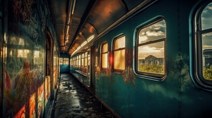 Fototapeta premium Abandoned colorful train. Generative ai.