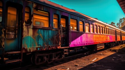 Fototapeta na wymiar Abandoned colorful train. Generative ai.
