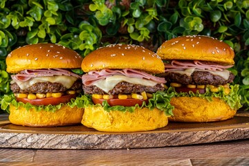 Wooden tray with three tasty burgers with corns and bacon