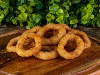 Round wooden plate with onion rings beside a collection of small green plants