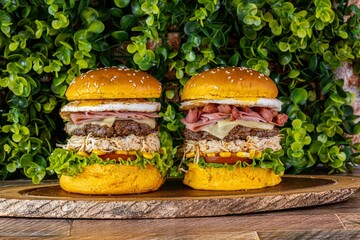 Hamburgers on a wooden tray surrounded by lush green foliage