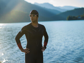 A triathlon swimmer preparing for a river training to gear up for a marathon