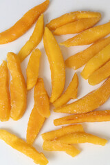 slices of yellow mango closeup photo in plate on white background